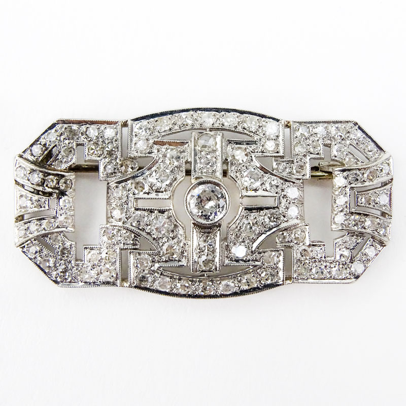 Art Deco Old European Cut Diamond and Platinum Filigree Geometric Brooch.