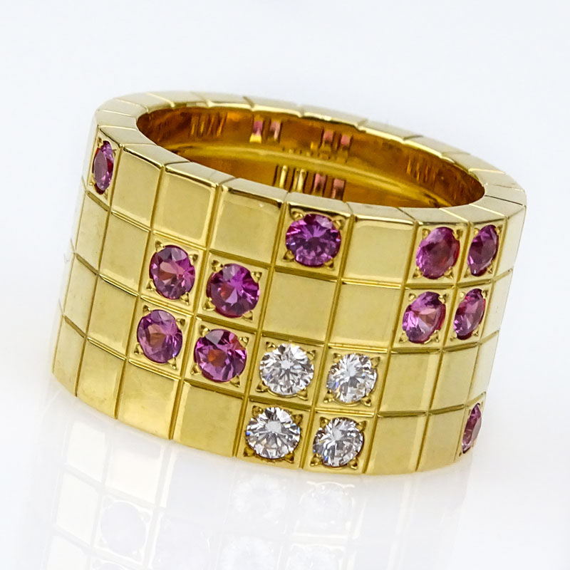 Cartier Payette Approx. .20 Carat Diamond, .80 Carat Pink Sapphire and 18 Karat Yellow Gold Wide Ring.