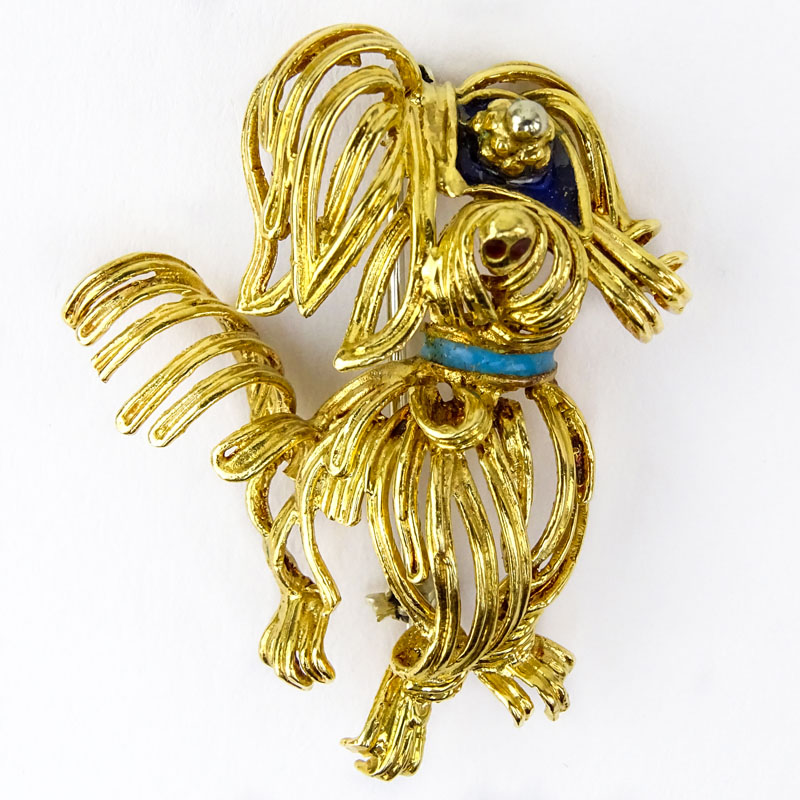 Vintage Van Cleef & Arpels style 18 Karat Yellow Gold and Enamel Dog Brooch.