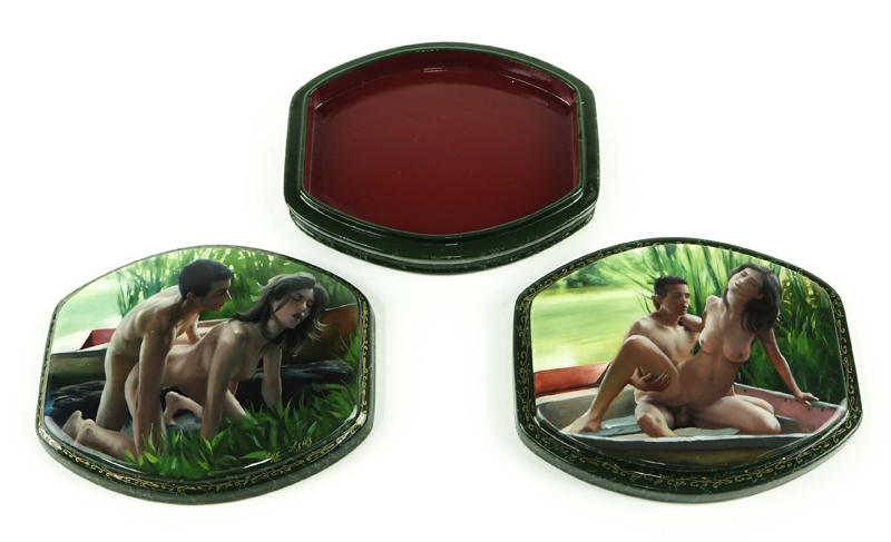 Erotic Russian Lacquer Three Part Papier Mache Box.