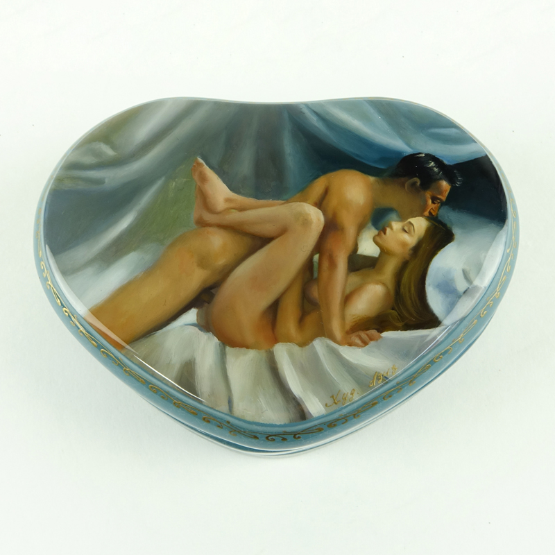 Erotic Russian Lacquer Three Part Heart Shape Papier Mache Box.