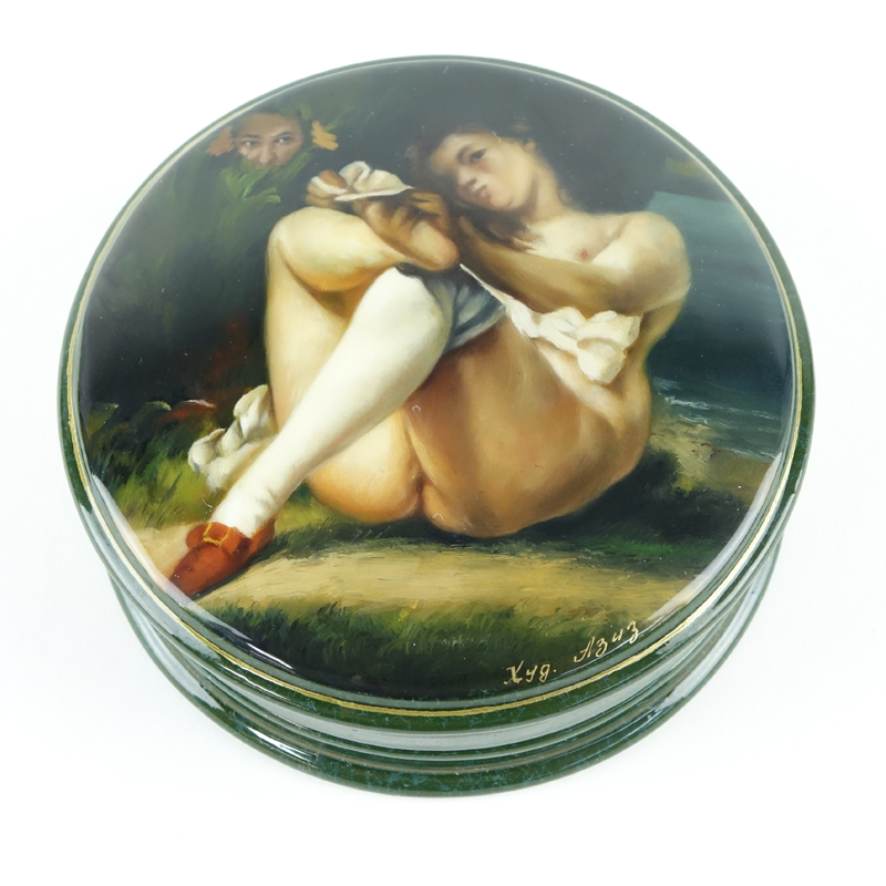 Erotic Russian Lacquer Three Part Circular Form Papier Mache Box.