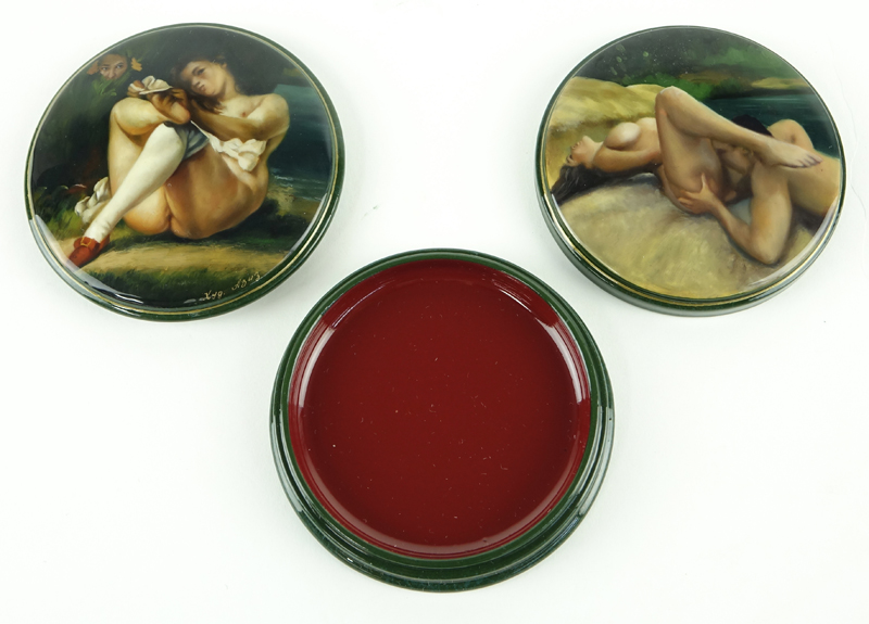 Erotic Russian Lacquer Three Part Circular Form Papier Mache Box.