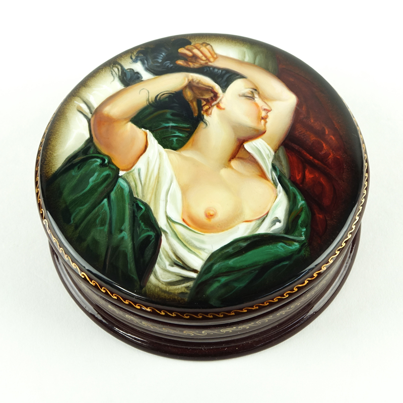 Erotic Russian Lacquer Three Part Circular Form Papier Mache Box.