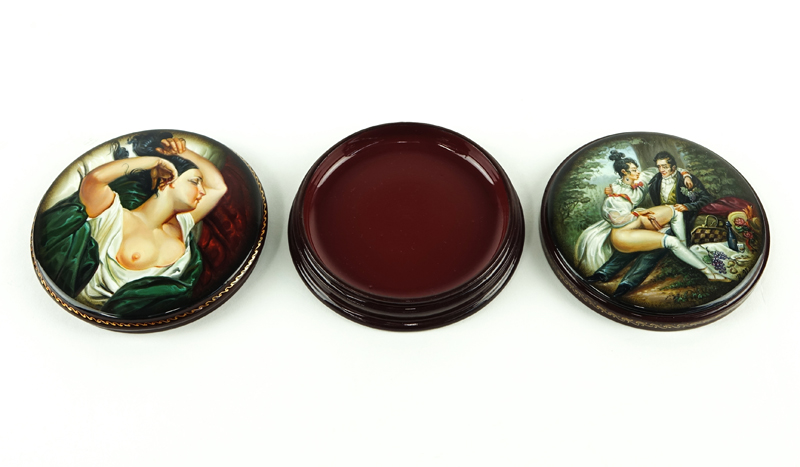 Erotic Russian Lacquer Three Part Circular Form Papier Mache Box.