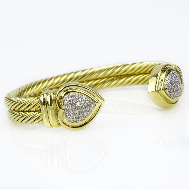 David Yurman Approx. .65 Carat Pave Set Diamond and 18 Karat Yellow Gold Double Cable Heart Cuff Bangle Bracelet.