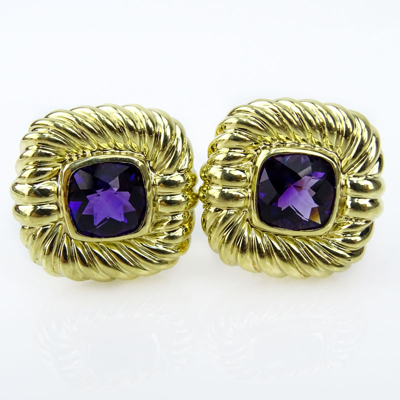 David Yurman Approx. 8.0 Carat Cushion Cut Amethyst and 14 Karat Yellow Gold Earrings.