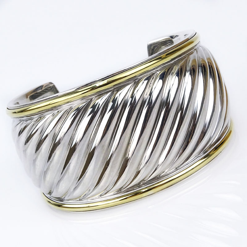 David Yurman Sterling Silver and 18 Karat Yellow Gold Wide Cuff Bangle Bracelet.