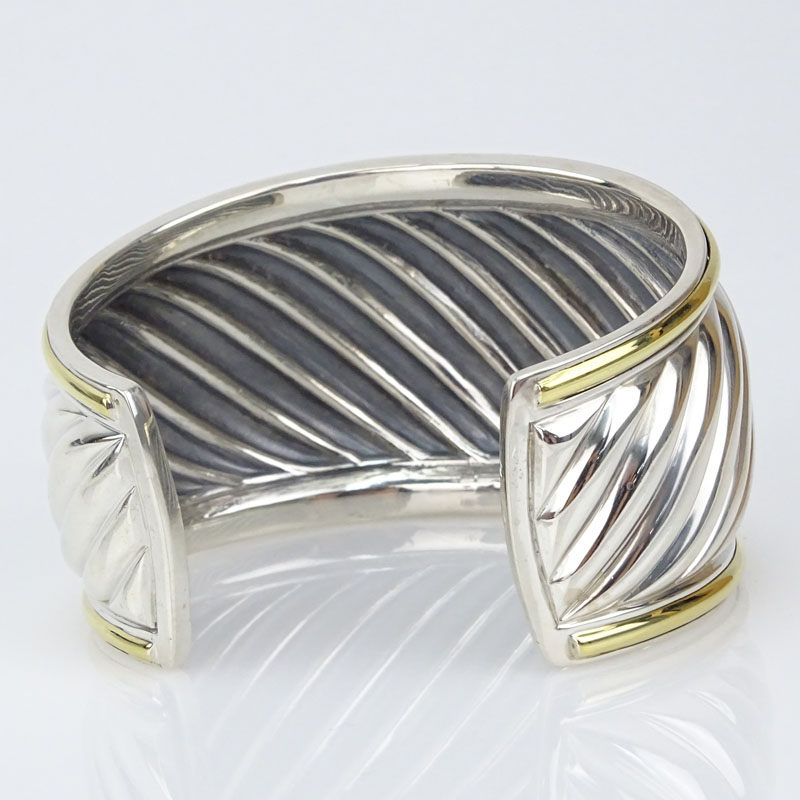 David Yurman Sterling Silver and 18 Karat Yellow Gold Wide Cuff Bangle Bracelet.