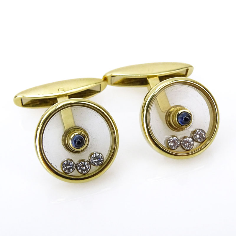 Chopard Happy Diamond 18 Karat Yellow Gold, .30 Carat Diamond and .30 Carat Sapphire Cufflinks. 