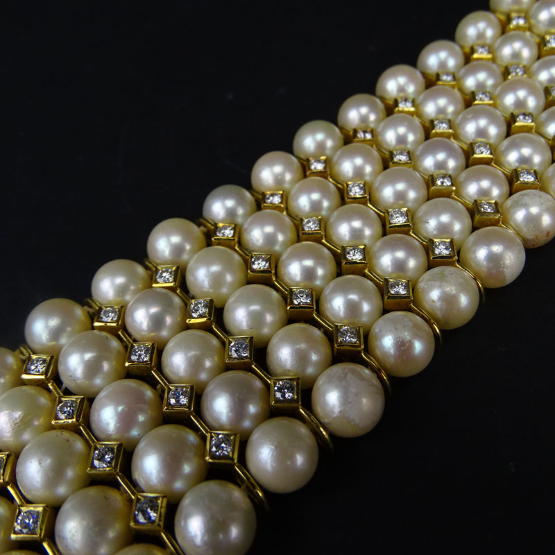 Exceptional Custom Pearl, Diamond and 18 Karat Yellow Gold Choker Necklace.