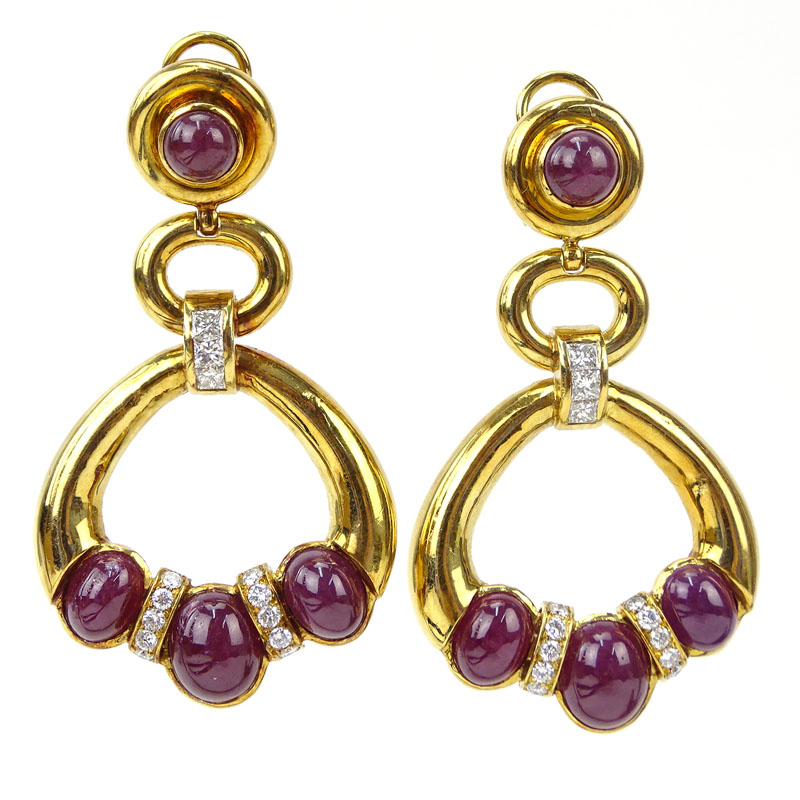 Cabochon Burma Ruby, Diamond and 18 Karat Yellow Gold Pendant Earrings.