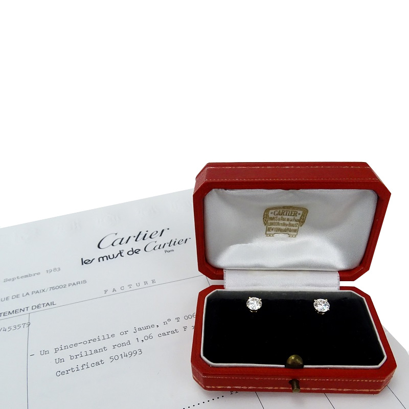 Vintage Cartier Paris GIA Certified 2.12 Carat Round Brilliant Cut Diamond and 18 Karat Yellow Gold Ear Studs.