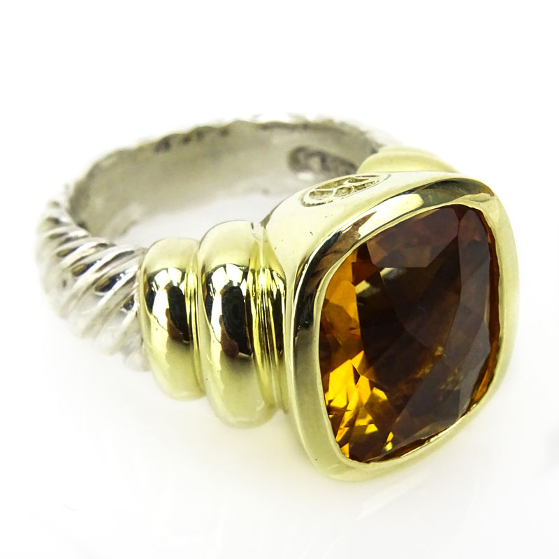 David Yurman Noblesse Cushion Cut Citrine, 14 Karat Yellow Gold and Sterling Silver Cable Ring. 