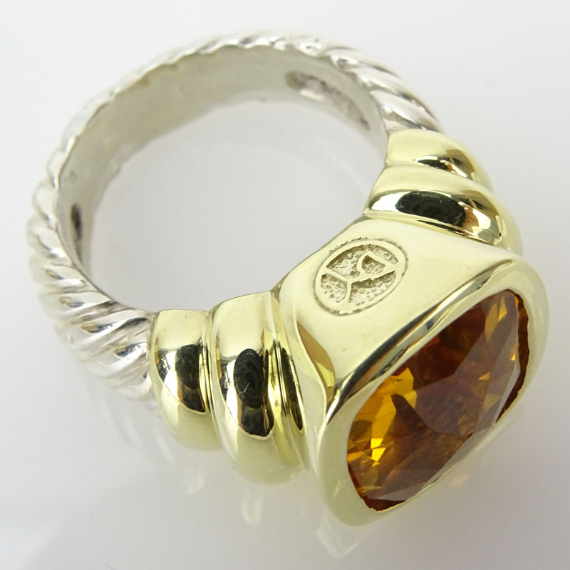 David Yurman Noblesse Cushion Cut Citrine, 14 Karat Yellow Gold and Sterling Silver Cable Ring. 