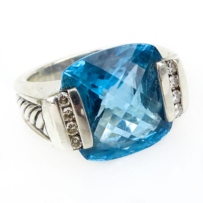 David Yurman Cushion Cut Blue Topaz, Diamond and Sterling Silver Cable Ring. 