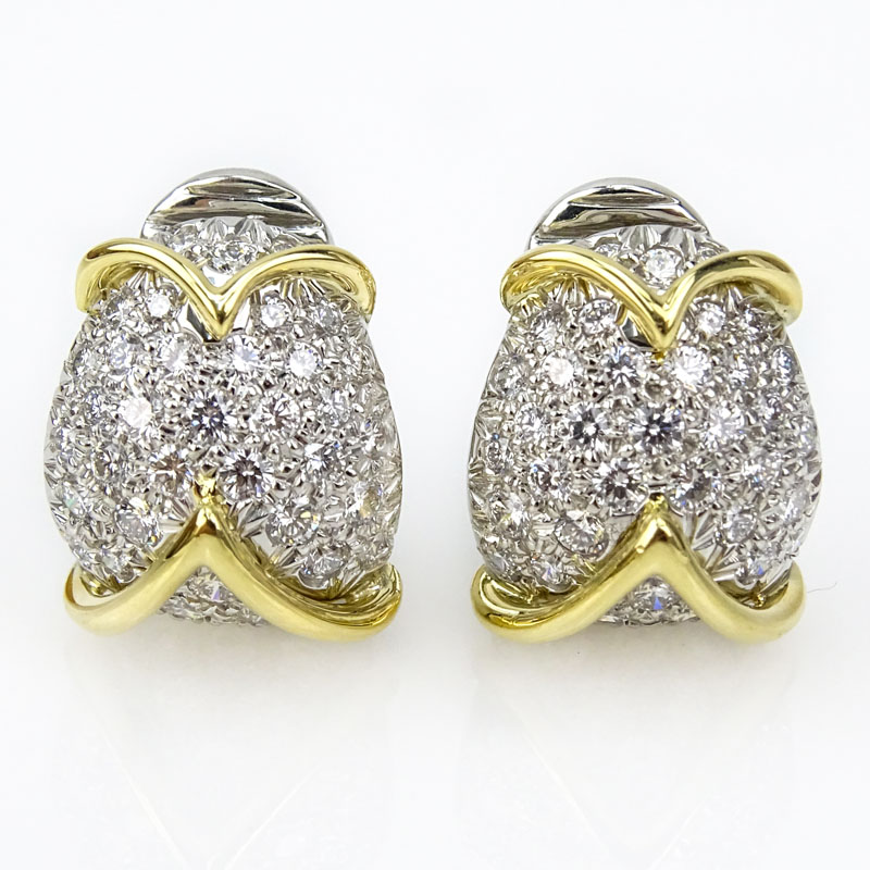 Tiffany & Co Approx. 1.50 Carat Pave Set Round Brilliant Cut Diamond, Platinum and 18 Karat Yellow Gold earrings.