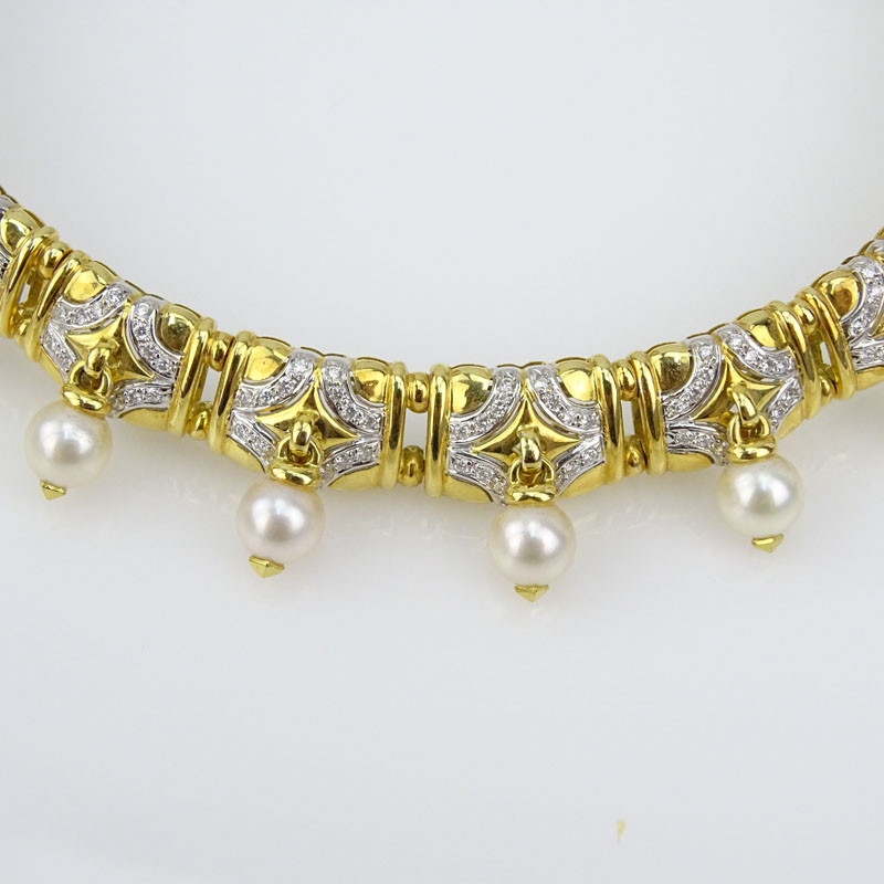 Vintage Bulgari style Heavy 18 Karat Yellow Gold, Pave Set Diamond and Pearl Flexible Choker Necklace. 