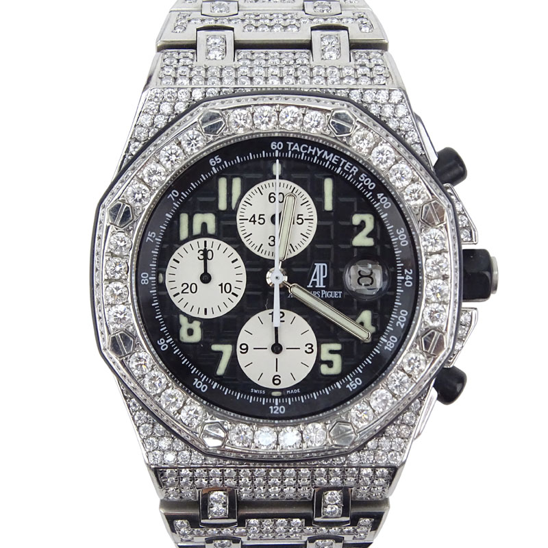 Man's Audemars Piquet 22.0 Carat Pave Set Round Diamond and Stainless Steel Royal Oak Offshore Automatic Chronograph.