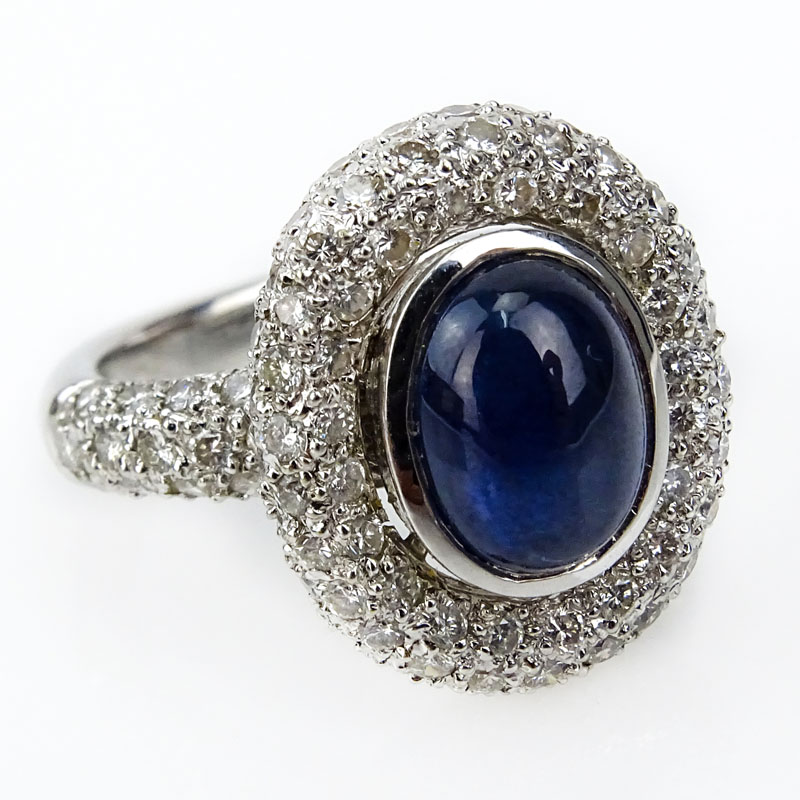 Italian Cabochon Sapphire, Pave Set Diamond and 18 Karat White Gold Dome Ring. 