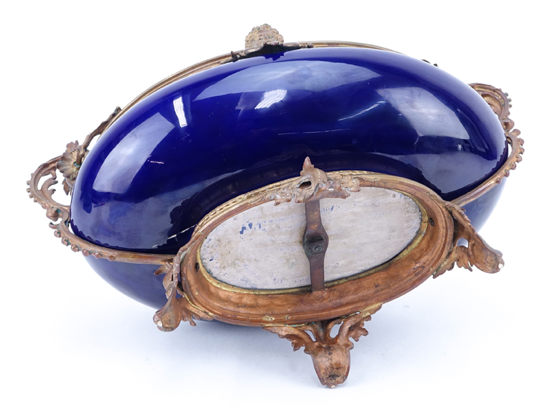 Antique Sevres-Style Gilt Bronze Mounted Cobalt Blue Centerpiece.