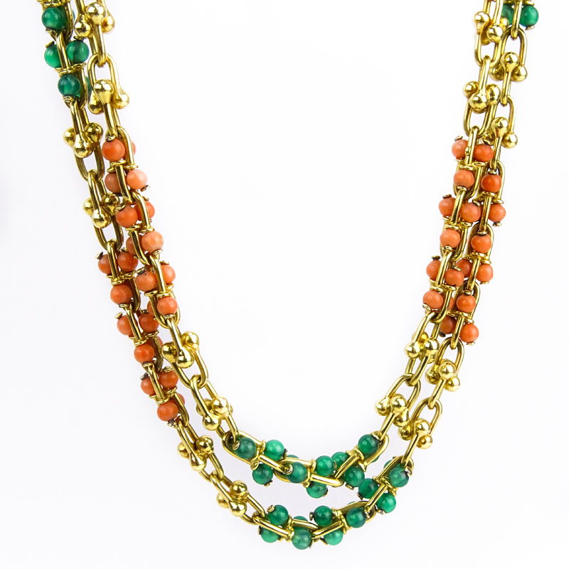 Vintage Bulgari 18 Karat Yellow Gold Link Necklace with Red Coral and Chrysoprase Beads.