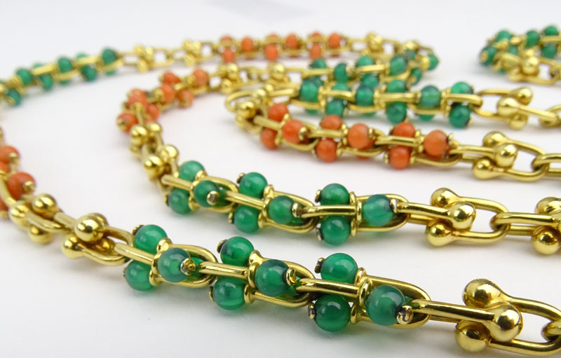 Vintage Bulgari 18 Karat Yellow Gold Link Necklace with Red Coral and Chrysoprase Beads.