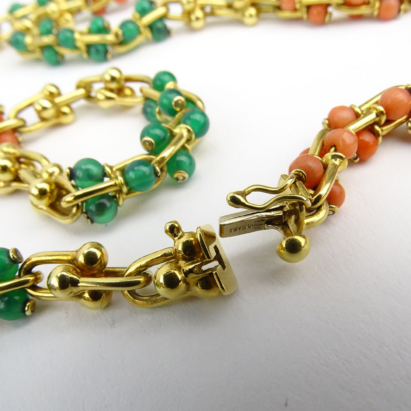 Vintage Bulgari 18 Karat Yellow Gold Link Necklace with Red Coral and Chrysoprase Beads.