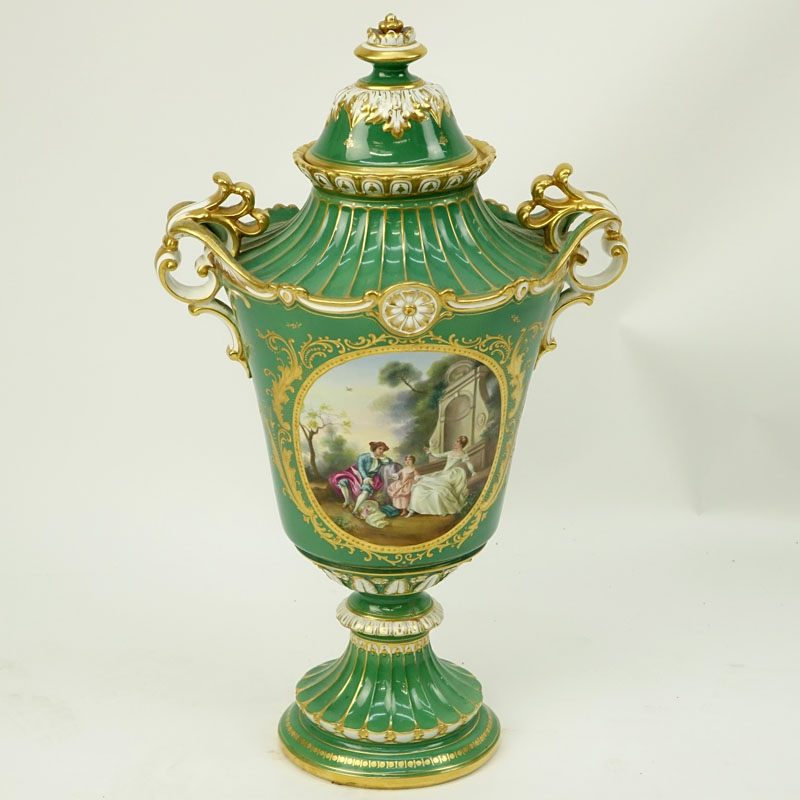 Large Royal Bonn Hand Painted Porcelain Covered Bolted Urn.