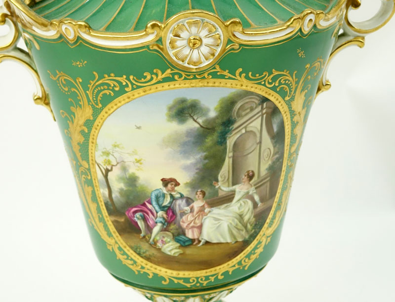 Large Royal Bonn Hand Painted Porcelain Covered Bolted Urn.