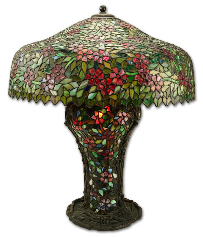 Large Tiffany Style "Cherry Blossom" Stained Glass Lamp with Oversize Shade. 