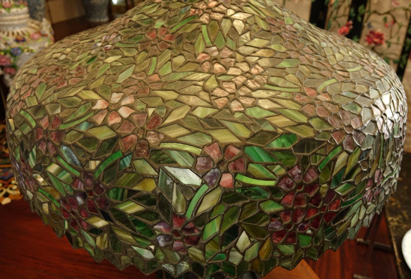 Large Tiffany Style "Cherry Blossom" Stained Glass Lamp with Oversize Shade. 