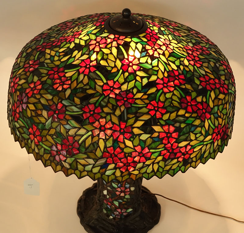 Large Tiffany Style "Cherry Blossom" Stained Glass Lamp with Oversize Shade. 