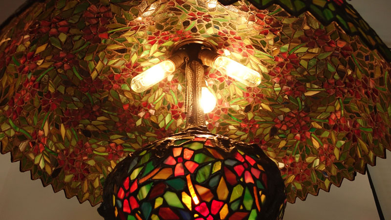 Large Tiffany Style "Cherry Blossom" Stained Glass Lamp with Oversize Shade. 