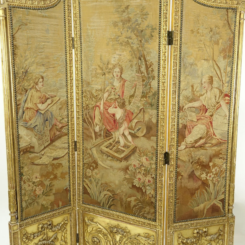 19th Century French Three (3) Panel Aubusson Tapestry Screen.