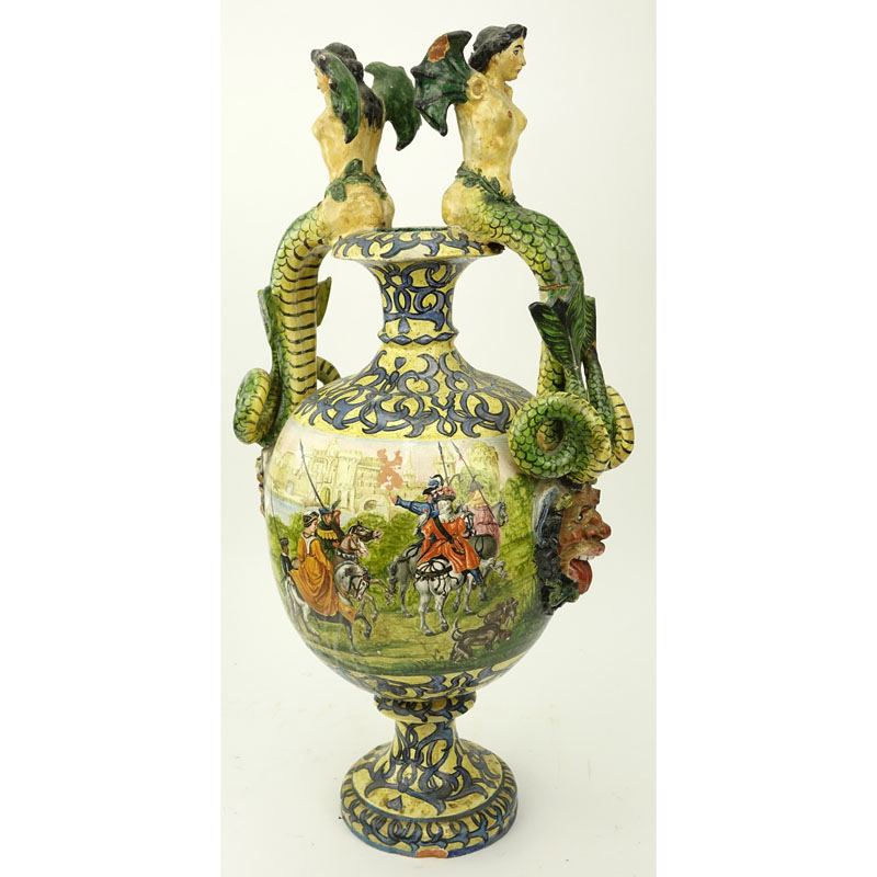 19th Century Italian Faience Majolica Renaissance Style Pottery Urn.