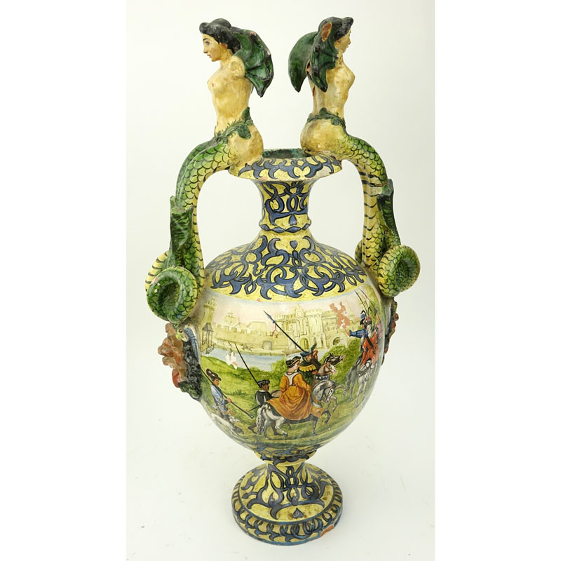 19th Century Italian Faience Majolica Renaissance Style Pottery Urn.