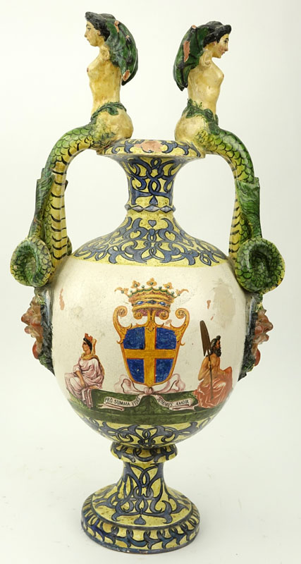 19th Century Italian Faience Majolica Renaissance Style Pottery Urn.