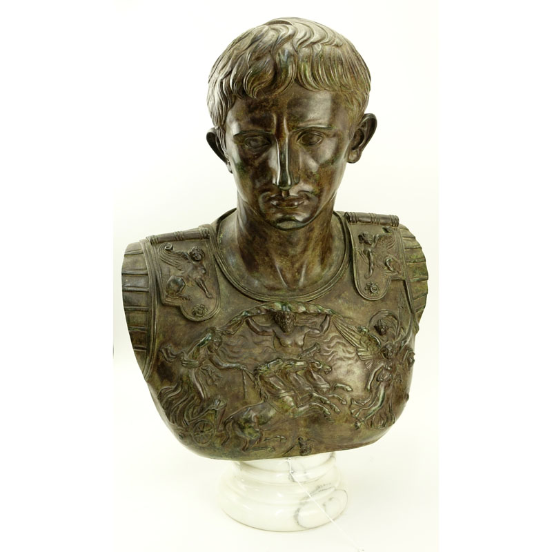 Large Modern Bronze Bust of Augustus Caesar On White Marble Socle.