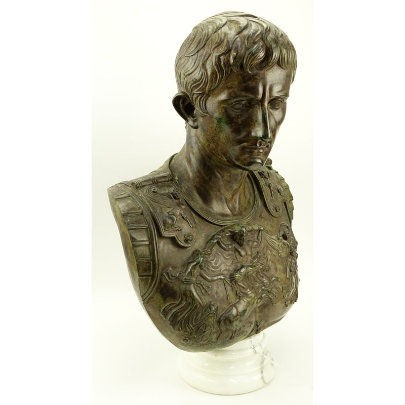 Large Modern Bronze Bust of Augustus Caesar On White Marble Socle.