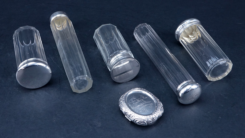 Five (5) Antique Glass Vanity Bottles with Sterling Silver Lids Plus One Lid (no bottle).