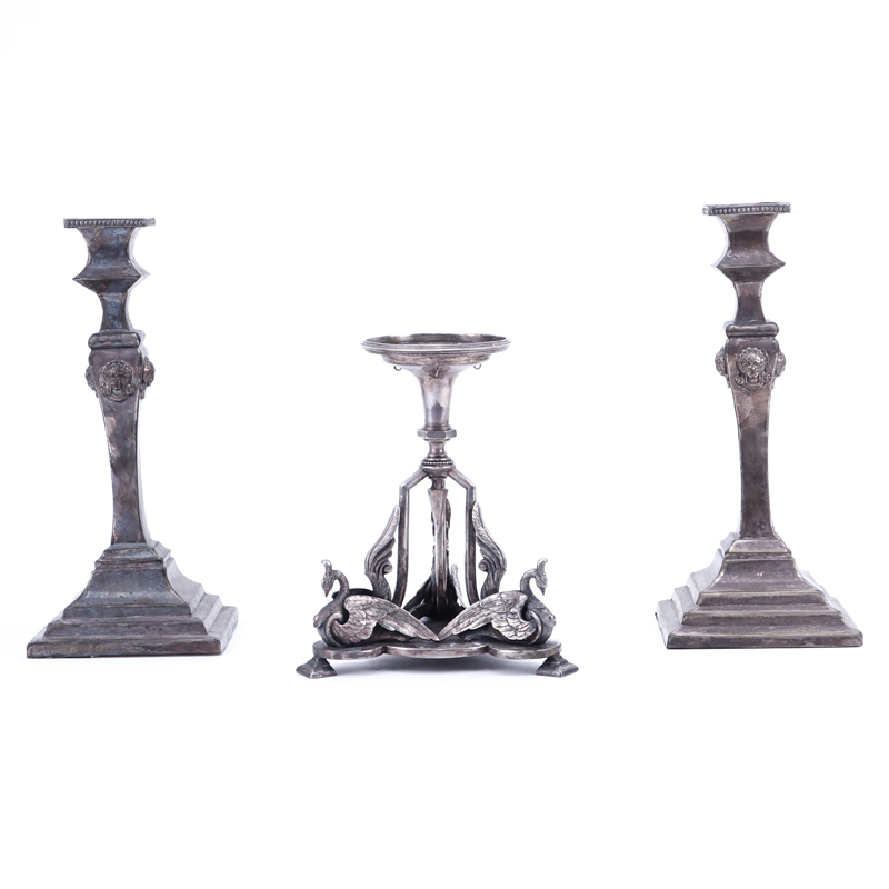 Collection of Three (3) Art Nouveau Silver Plate Candlesticks.