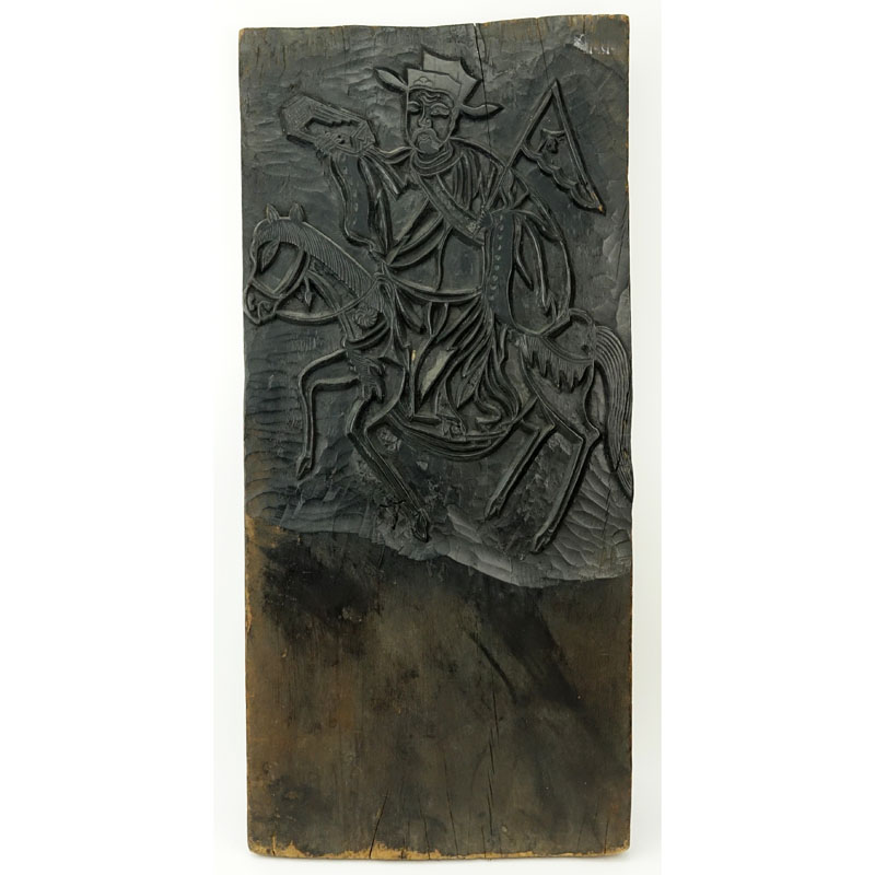 Chinese Two-Sided Carved Wood Panel. Depicts soldier on horseback on both sides.