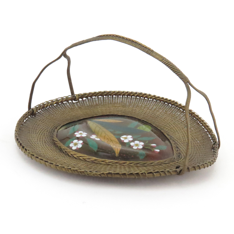 Vintage Chinese Woven Brass and Cloisonne Basket.