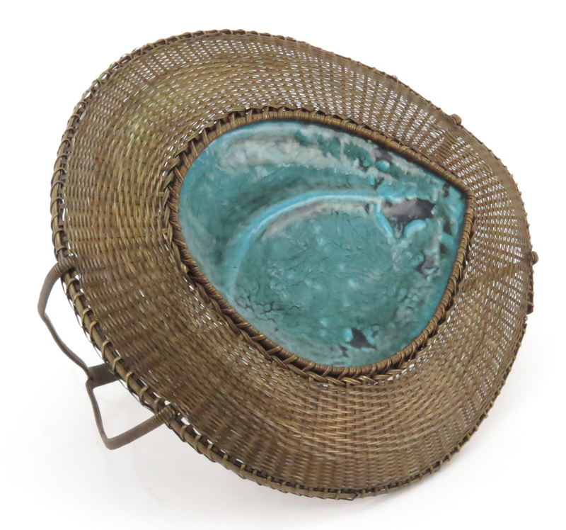 Vintage Chinese Woven Brass and Cloisonne Basket.