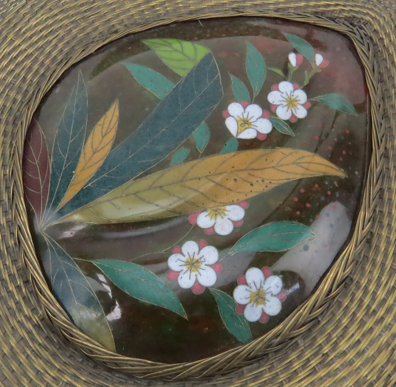 Vintage Chinese Woven Brass and Cloisonne Basket.