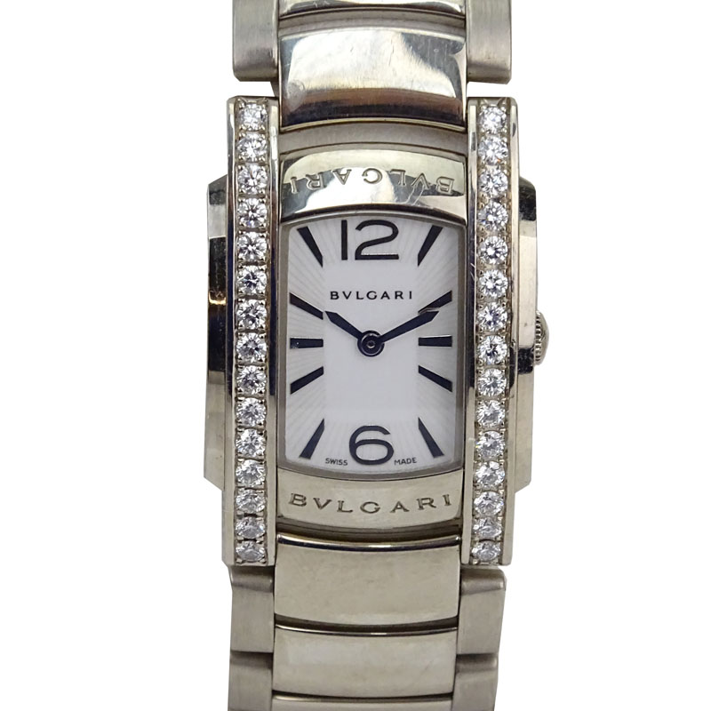 Lady's Bulgari Approx. 1.0 Carat Diamond and 18 Karat White Gold Assiona Bracelet Watch with Swiss Quartz Movement.