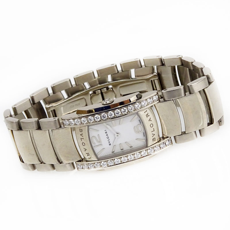 Lady's Bulgari Approx. 1.0 Carat Diamond and 18 Karat White Gold Assiona Bracelet Watch with Swiss Quartz Movement.