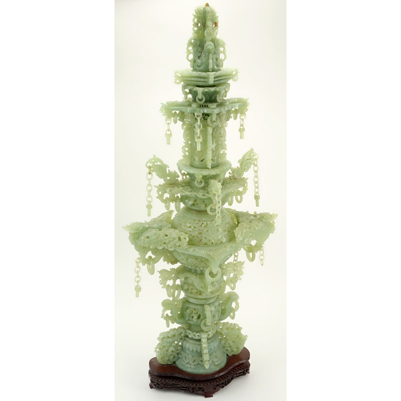 Large 19/20th Century Chinese Carved Serpentine Jade Reticulated Incense Burner on Wooden Stand.