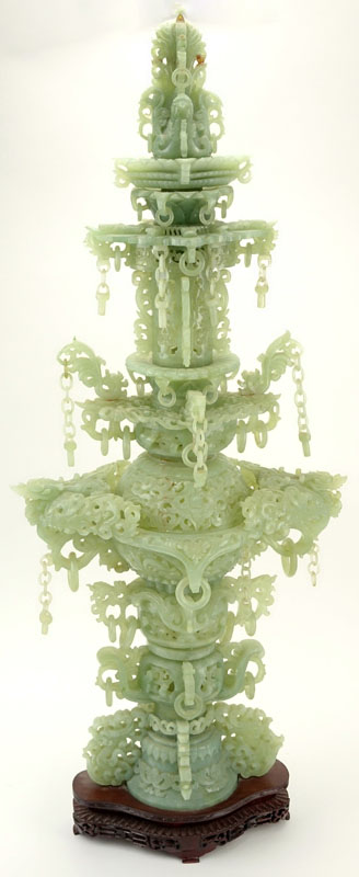 Large 19/20th Century Chinese Carved Serpentine Jade Reticulated Incense Burner on Wooden Stand.